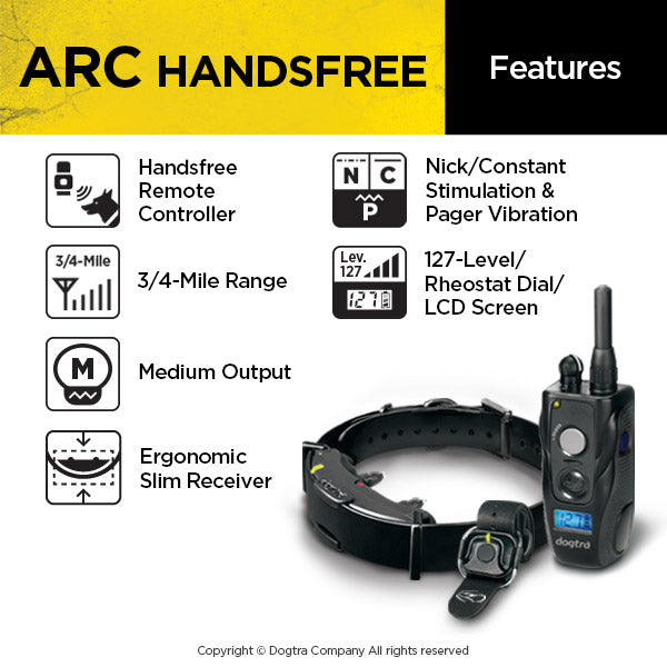 Dogtra ARC HANDSFREE Remote Training Dog Collar - 3/4 Mile Range, Hands free Remote Controller, Waterproof, Rechargeable, 127 Training Levels, Vibration