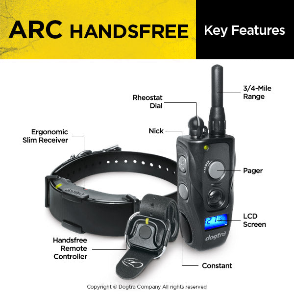 Dogtra ARC HANDSFREE Remote Training Dog Collar - 3/4 Mile Range, Hands free Remote Controller, Waterproof, Rechargeable, 127 Training Levels, Vibration